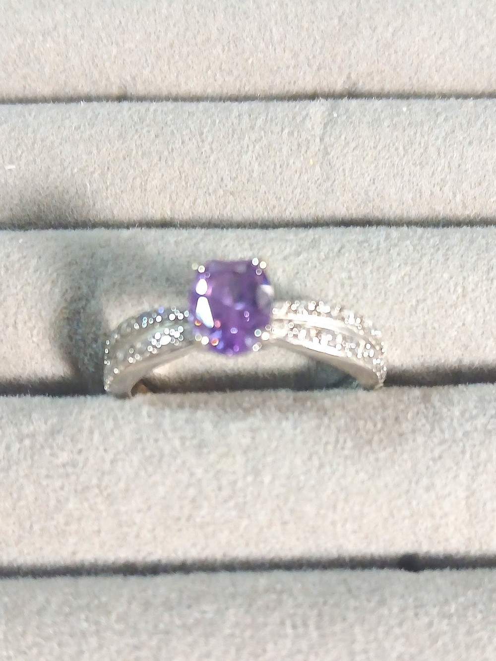 Sterling Silver Purple Gemstone Ring with Pavé Accent Band - Picture 2 of 5